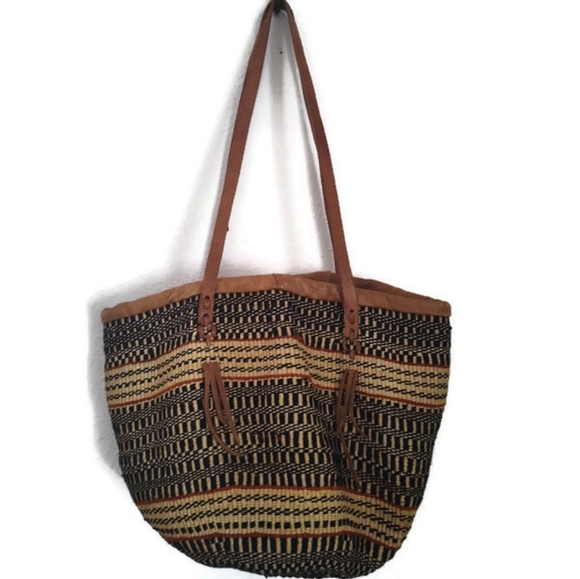 Hand Woven Handbags - Hand Woven Boho Hippie Western Leather Trim Bucket Tote Travel Hobo  Bag